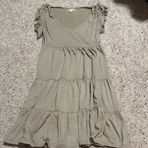 Max Studio Taupe Tiered Midi Dress with Ruched Short Sleeves